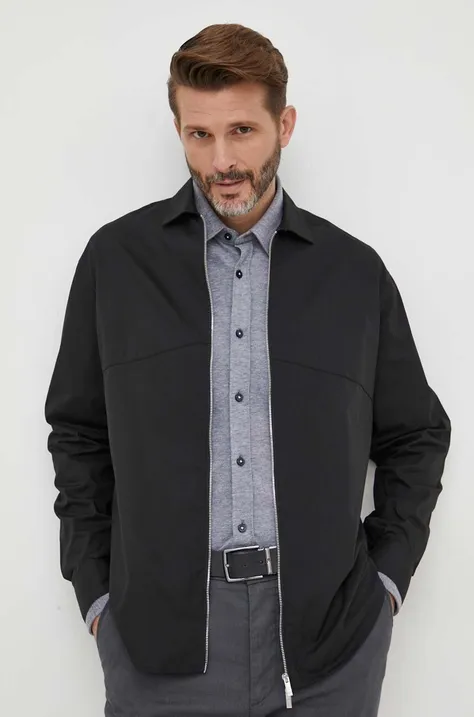 Памучна риза Armani Exchange мъжка в черно със свободна кройка с класическа яка