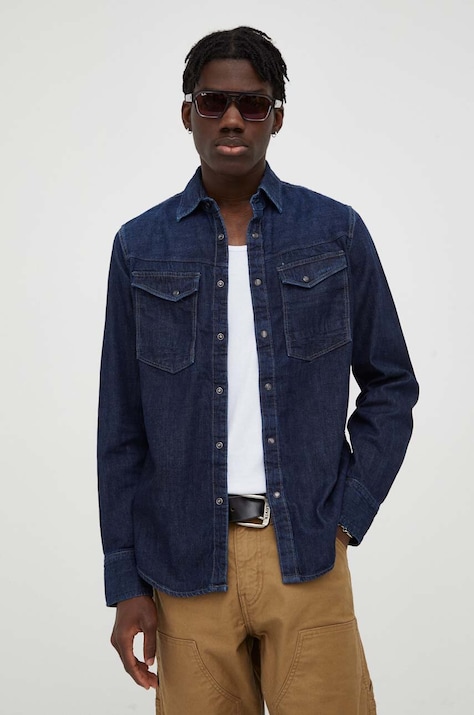 G-Star cămașă din denim bărbați, culoarea bleumarin, cu guler clasic, slim