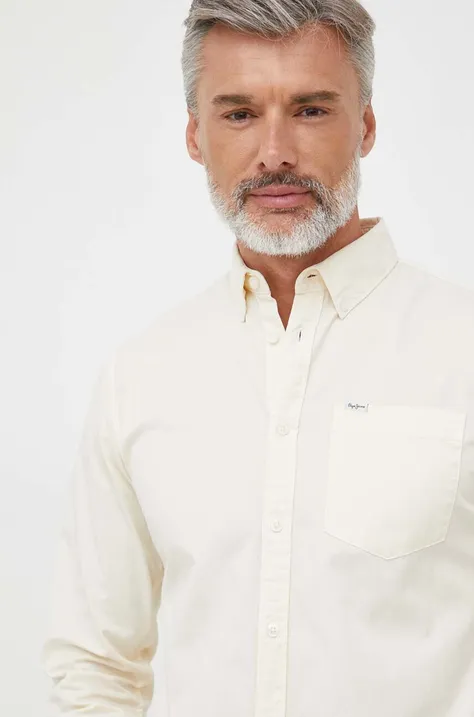 Bavlnená košeľa Pepe Jeans Crail pánska, béžová farba, regular, s golierom button-down