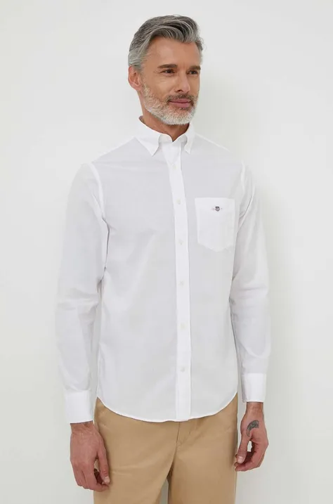 Памучна риза Gant мъжка в бяло със стандартна кройка с яка с копче