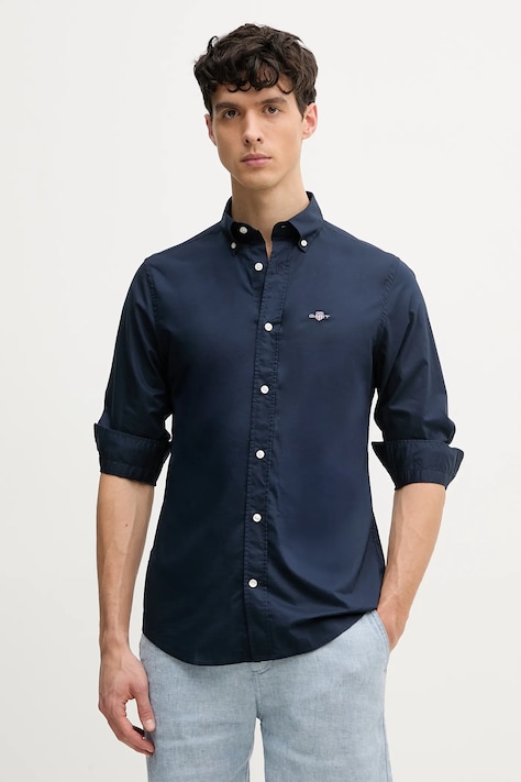 Bavlnená košeľa Gant pánska, tmavomodrá farba, slim, s golierom button-down