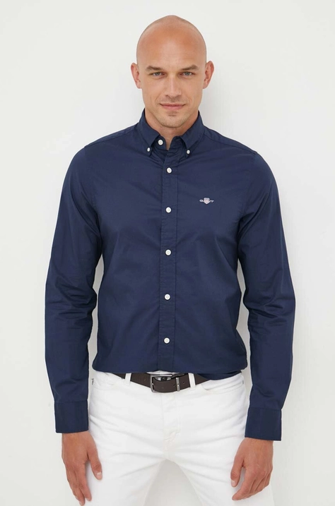 Gant koszula bawełniana męska kolor granatowy slim z kołnierzykiem button-down