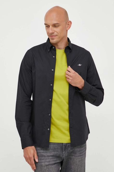 Gant camasa din bumbac barbati, culoarea negru, cu guler button-down, slim