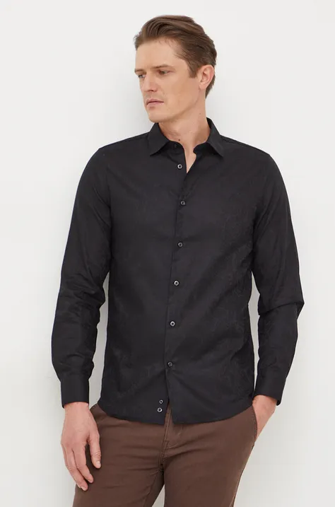 Βαμβακερό πουκάμισο United Colors of Benetton ανδρικό, χρώμα: μαύρο