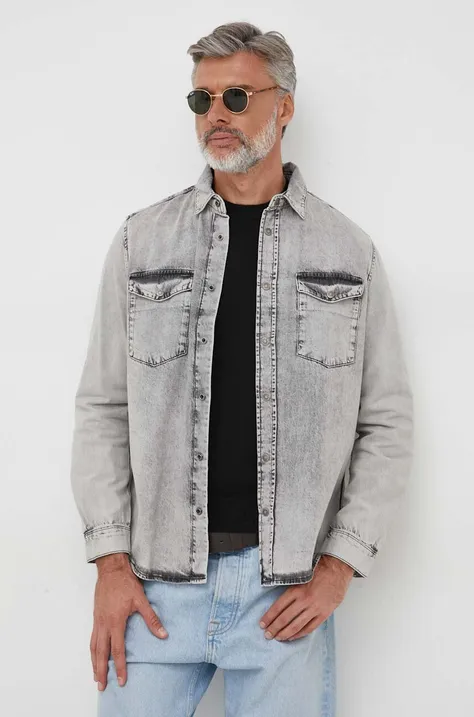 Sisley koszula jeansowa męska kolor szary regular z kołnierzykiem klasycznym
