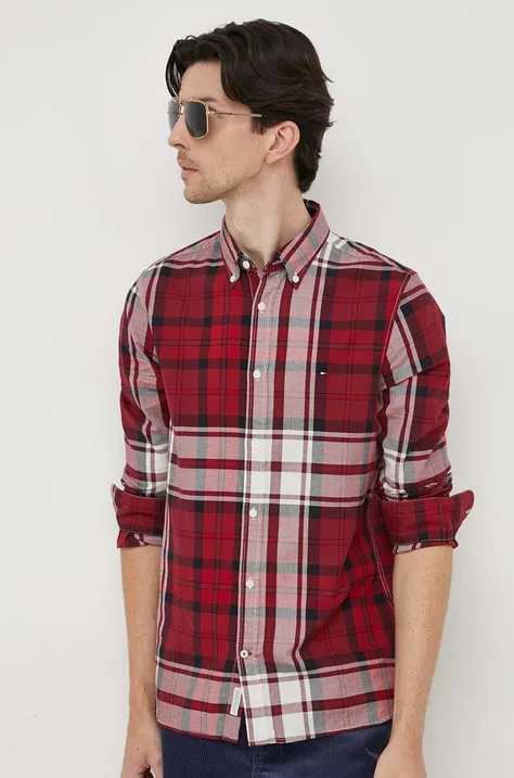 Pamučna košulja Tommy Hilfiger za muškarce, boja: bordo, slim, s button-down ovratnikom