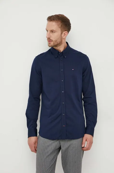 Bavlnená košeľa Tommy Hilfiger pánska, tmavomodrá farba, slim, s golierom button-down