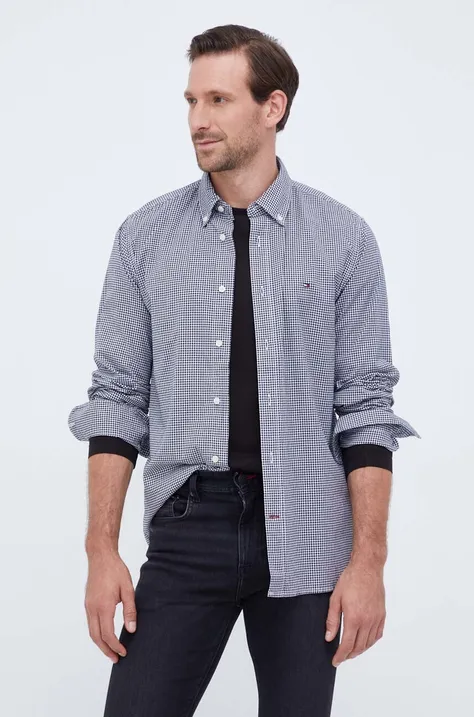 Βαμβακερό πουκάμισο Tommy Hilfiger ανδρικό, χρώμα: μαύρο