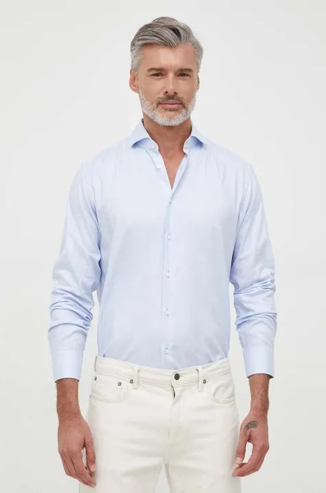 Памучна риза BOSS мъжка в синьо със стандартна кройка с италианска яка