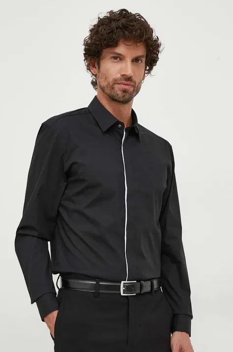 Košeľa BOSS pánska, čierna farba, slim, s klasickým golierom