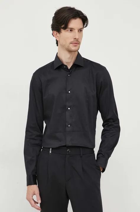 Košeľa BOSS pánska, čierna farba, slim, s talianskym golierom