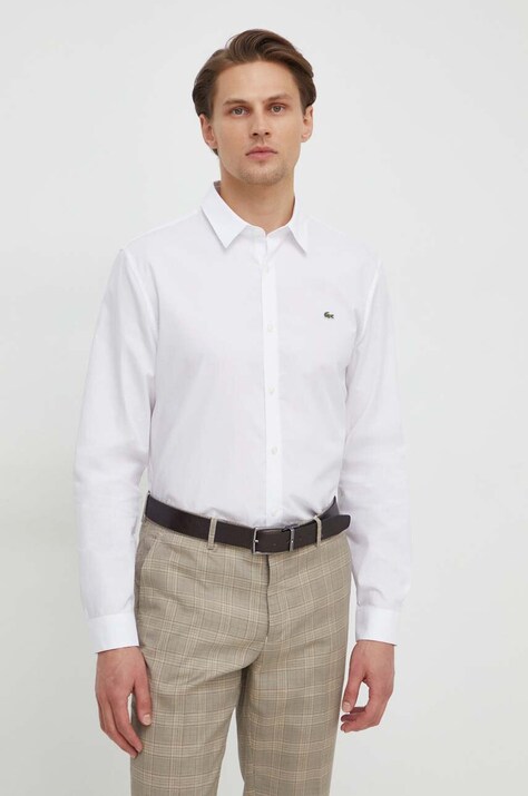 Lacoste camasa din bumbac barbati, culoarea alb, cu guler clasic, slim