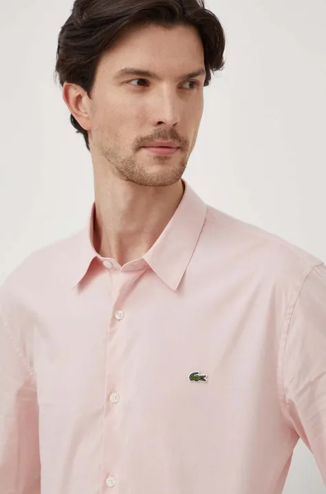 Памучна риза Lacoste мъжка в розово с кройка по тялото с класическа яка