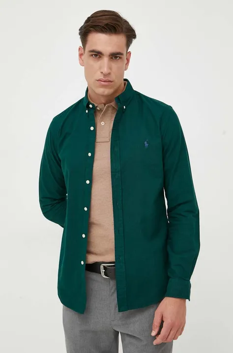 Pamučna košulja Polo Ralph Lauren za muškarce, boja: zelena, slim, s button-down ovratnikom