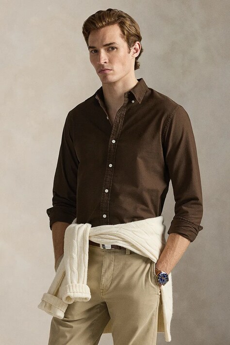 Polo Ralph Lauren koszula bawełniana męska kolor brązowy slim z kołnierzykiem button-down 710804257