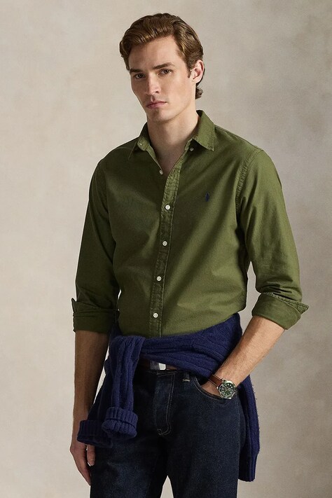 Polo Ralph Lauren koszula bawełniana męska kolor zielony slim z kołnierzykiem button-down 710804257