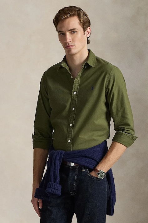 Polo Ralph Lauren koszula bawełniana męska kolor zielony slim z kołnierzykiem button-down 710804257