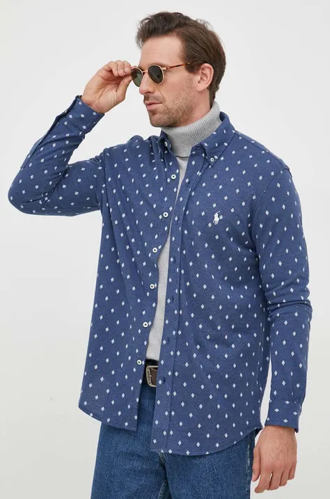 Pamučna košulja Polo Ralph Lauren za muškarce, boja: tamno plava, regular, s button-down ovratnikom