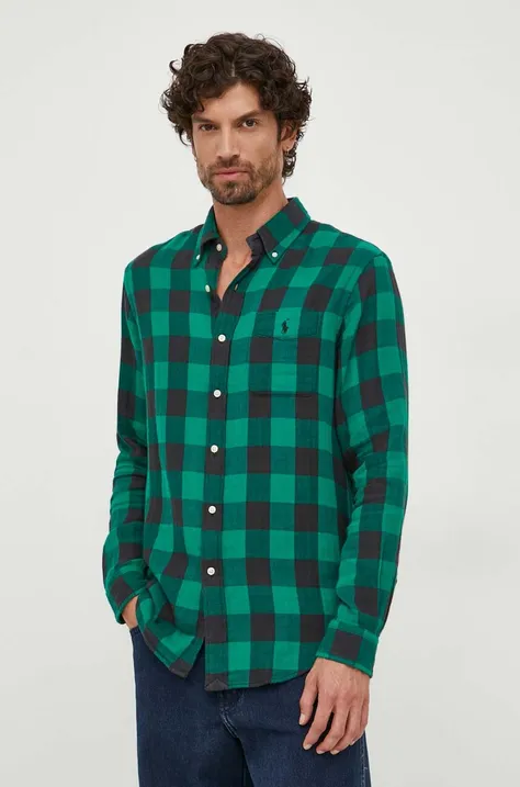 Хлопковая рубашка Polo Ralph Lauren мужская цвет зелёный regular воротник button-down