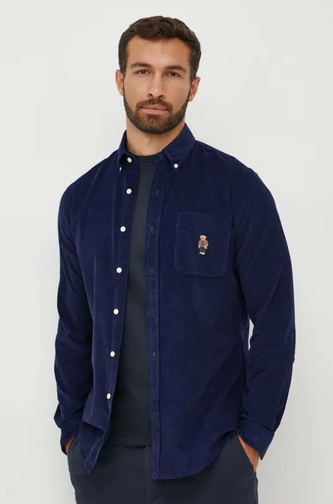Pamučna košulja Polo Ralph Lauren za muškarce, boja: tamno plava, regular, s button-down ovratnikom