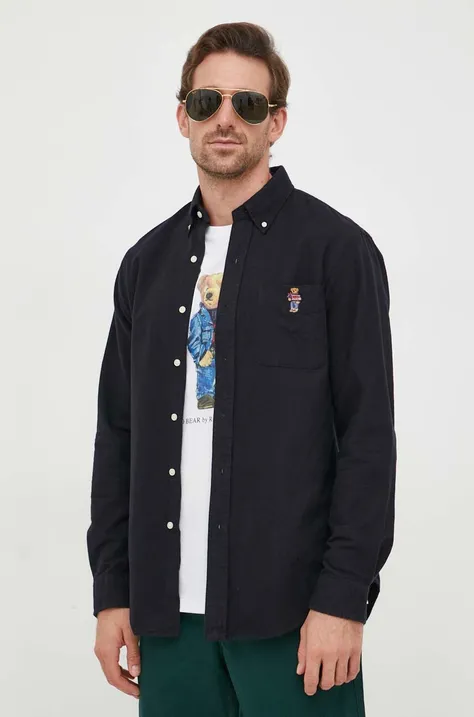 Βαμβακερό πουκάμισο Polo Ralph Lauren ανδρικό, χρώμα: μαύρο