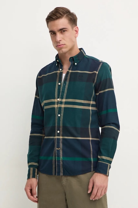 Памучна риза Barbour мъжка в бежово с кройка по тялото с яка с копче