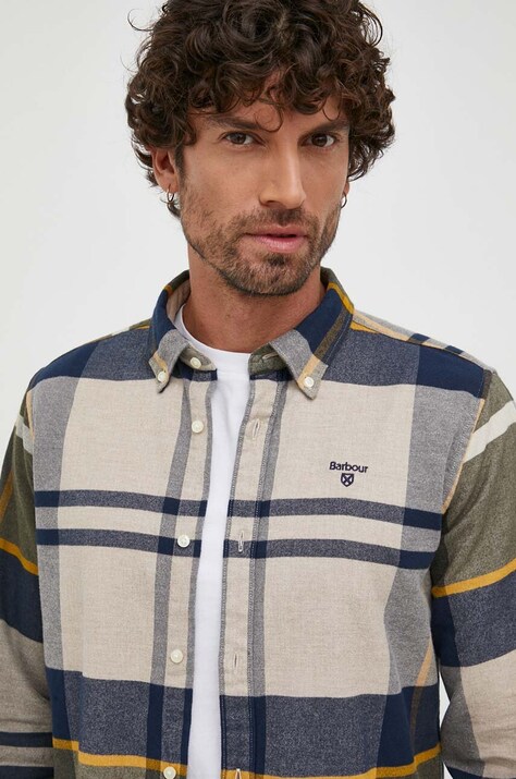 Barbour camasa din bumbac barbati, culoarea bej, cu guler button-down, slim