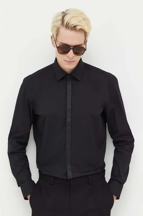 Βαμβακερό πουκάμισο HUGO ανδρικό, χρώμα: μαύρο