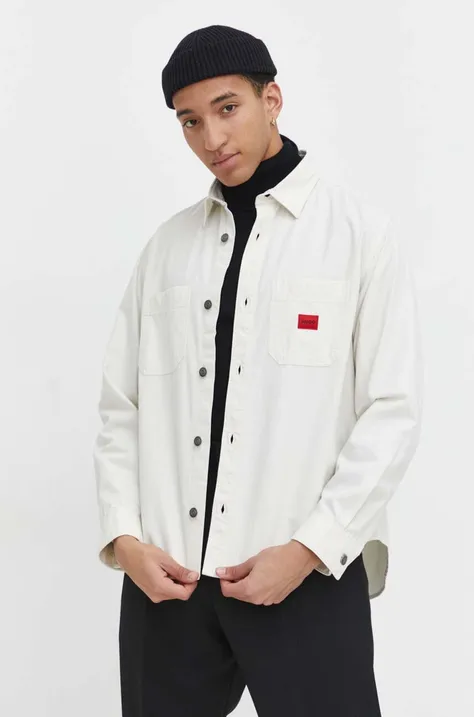 Džínová košile HUGO pánská, bílá barva, regular, s klasickým límcem, 50500199