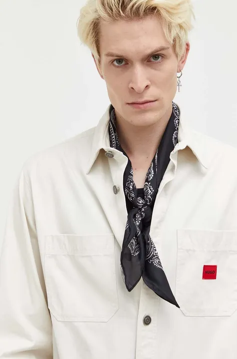 Džínová košile HUGO pánská, béžová barva, regular, s klasickým límcem, 50500199