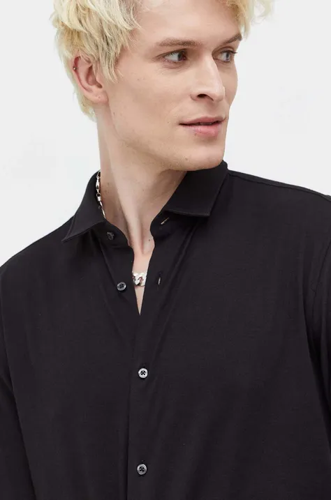 Bavlnená košeľa HUGO pánska, čierna farba, slim, s klasickým golierom, 50494515
