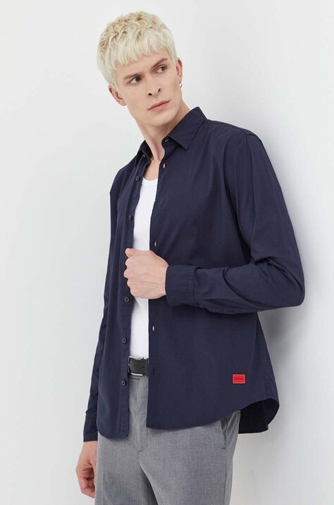 HUGO cămașă bărbați, culoarea bleumarin, cu guler clasic, slim 50500216