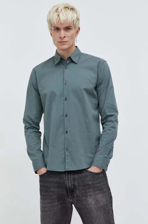Košeľa HUGO pánska,zelená farba,slim,s klasickým golierom,50500216