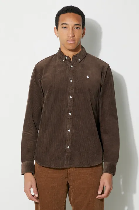 Carhartt WIP koszula sztruksowa kolor brązowy regular z kołnierzykiem button-down