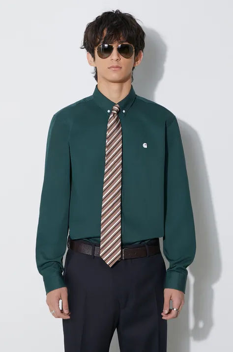 Памучна риза Carhartt WIP мъжка в зелено със стандартна кройка с яка с копче