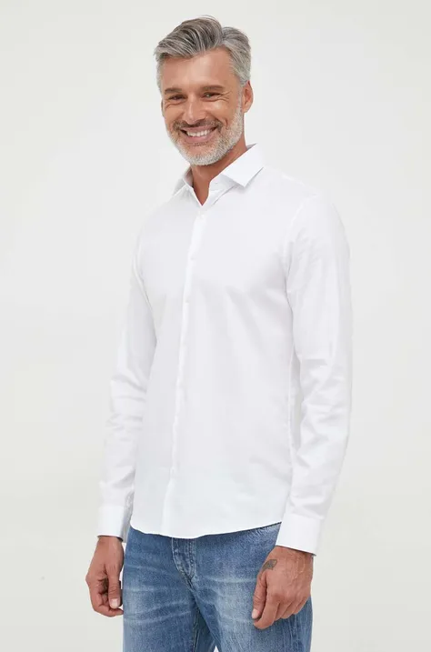 Памучна риза Calvin Klein мъжка в бяло с кройка по тялото с класическа яка