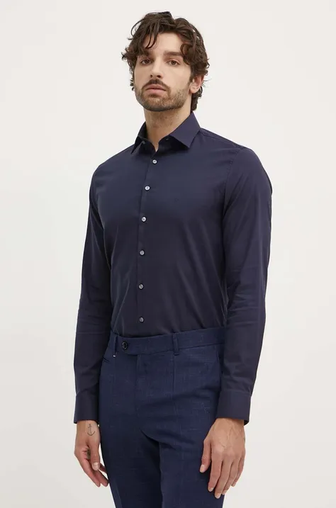 Памучна риза Calvin Klein мъжка в тъмносиньо с кройка по тялото с класическа яка