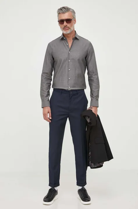 Bavlnená košeľa Calvin Klein pánska, šedá farba, slim, s talianskym golierom