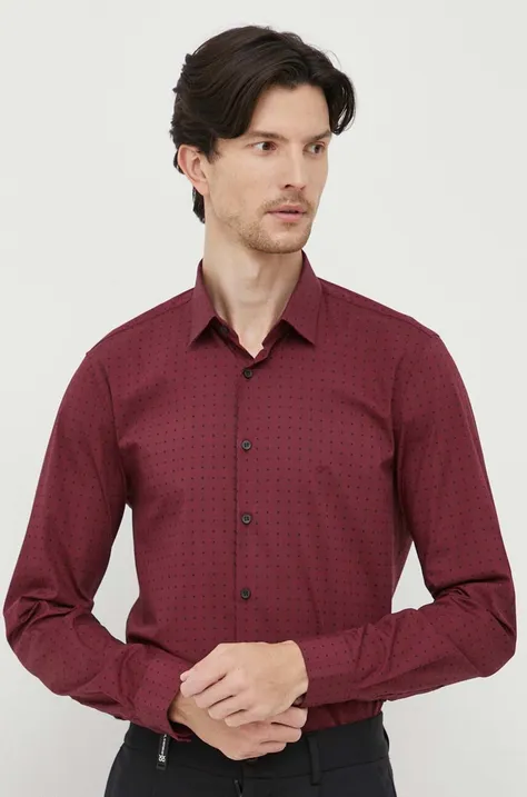 Košeľa Calvin Klein pánska, bordová farba, slim, s klasickým golierom