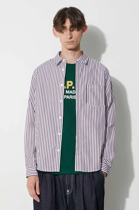 Памучна риза A.P.C. мъжка в кафяво със стандартна кройка с класическа яка