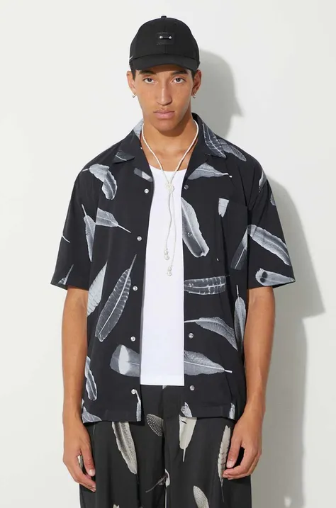Βαμβακερό πουκάμισο Marcelo Burlon Aop Wind Feather Hawaii ανδρικό, χρώμα: μαύρο