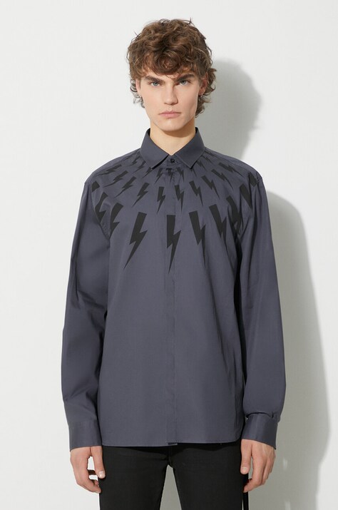 Neil Barett koszula bawełniana LOOSE FAIR-ISLE THUNDERBOLT męska kolor niebieski relaxed z kołnierzykiem klasycznym PBCM173.V003S.3543
