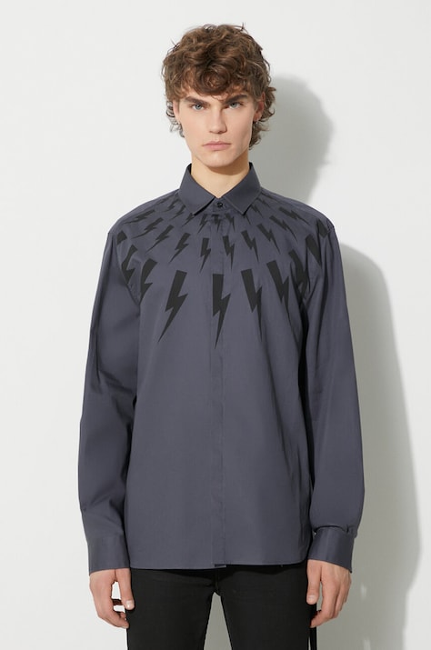 Košile Neil Barett LOOSE FAIR-ISLE THUNDERBOLT relaxed, s klasickým límcem, PBCM173.V003S.3543