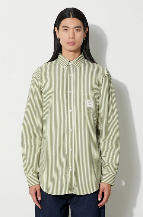 Drôle de Monsieur cămașă din bumbac La Chemise Rayée bărbați, culoarea verde, cu guler button-down, regular, C-SH144-CO082-KK