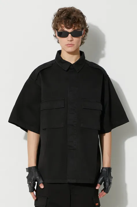 Βαμβακερό πουκάμισο Heron Preston Vintage Wash ανδρικό, χρώμα: μαύρο, HMGG003F23FAB0021000 F3HMGG003F23FAB0021000