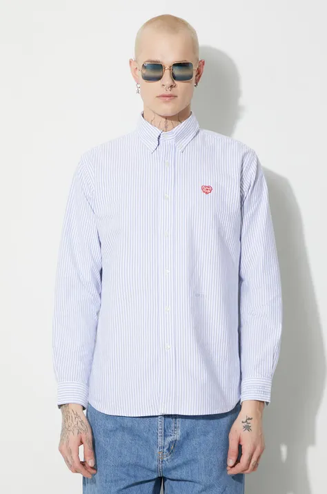 Памучна риза Human Made Stripe B.D мъжка в синьо със стандартна кройка с яка с копче HM26SH002