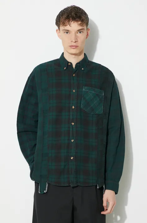 Bavlnená košeľa Needles Flannel Shirt pánska, zelená farba, voľný strih, s golierom button-down, NS303