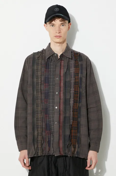 Памучна риза Needles Flannel Shirt мъжка в кафяво със стандартна кройка с класическа яка NS307