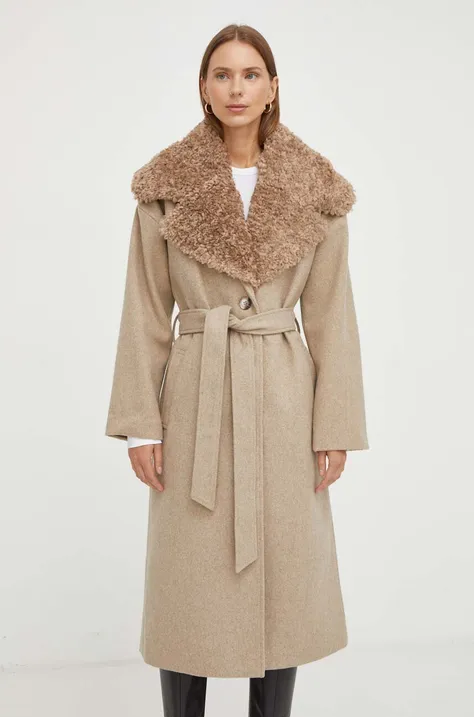 Bruuns Bazaar płaszcz z domieszką wełny kolor beżowy przejściowy oversize