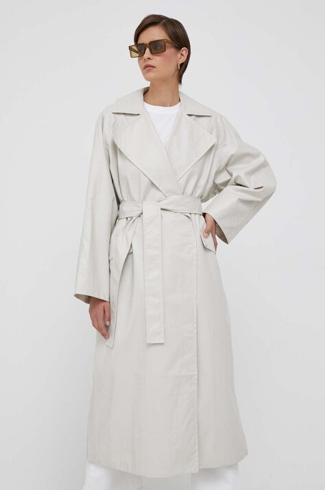 Calvin Klein Jeans trencz damski kolor beżowy przejściowy dwurzędowy